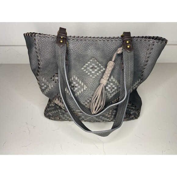 Steve Madden Gray Tote Handbag Boho Western Woven Accent Tassel Shoulder Bag - Picture 1 of 10